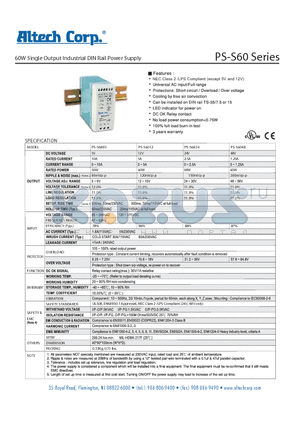 PS-S60 datasheet - 60W Single Output Industrial DIN Rail Power Supply