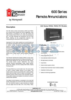 RAN2-RCS datasheet - Remote annunciator, surface mount, 4-line x 40-character alphanumeric display