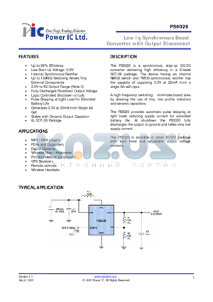PS0020 datasheet - Low Iq Synchronous Boost Converter with Output Disconnect