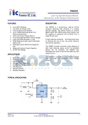 PS0020A datasheet - Low Iq Synchronous Boost Converter with Output Disconnect