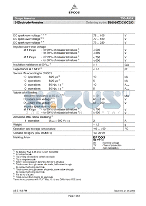 T30-A90X datasheet - SURGE ARRESTER 3-electrode arrester