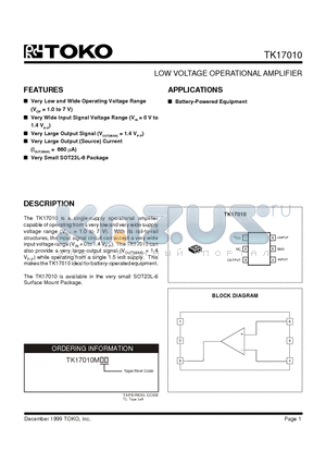 TK17010MTL/U0 datasheet - LOW VOLTAGE OPERATIONAL AMPLIFIER