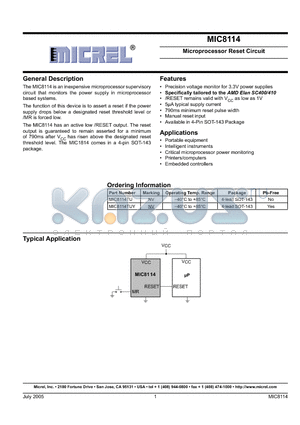 MIC8114 datasheet - Microprocessor Reset Circuit