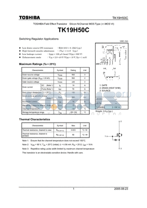 TK19H50C datasheet - TOSHIBA Field Effect Transistor Silicon N-Channel MOS Type (MOS VI)