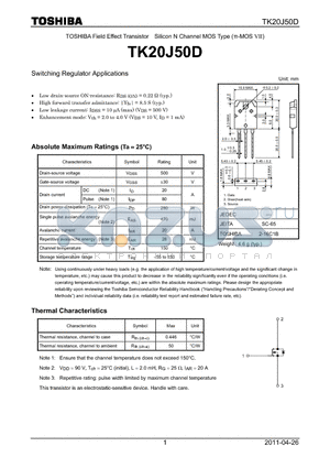 TK20J50D datasheet - Switching Regulator Applications