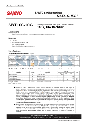 SBT100-10G datasheet - Schottky Barrier Diode (Twin Type g Cathode Common) 100V, 10A Rectifier