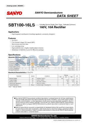 SBT100-16LS datasheet - Schottky Barrier Diode (Twin Type g Cathode Common) 160V, 10A Rectifier