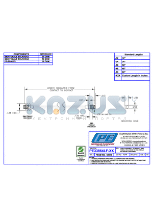 PE33864LF datasheet - CABLE ASSEMBLY PE-SR402FL SMA FEMALE BULKHEAD TO SMA FEMALE BULKHEAD(LEAD FREE)