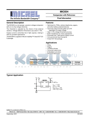 MIC834BM5 datasheet - Comparator with Reference Advance Information