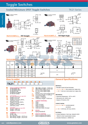 TK21 datasheet - Sealed Miniature SPDT Toggle Switches