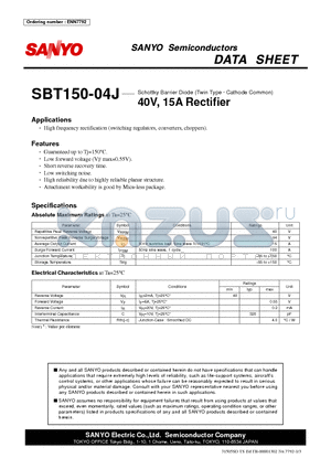 SBT150-04J datasheet - Schottky Barrier Diode (Twin Type g Cathode Common) 40V, 15A Rectifier