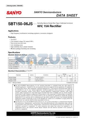 SBT150-06JS datasheet - Schottky Barrier Diode (Twin Type - Cathode Common) 60V, 15A Rectifier