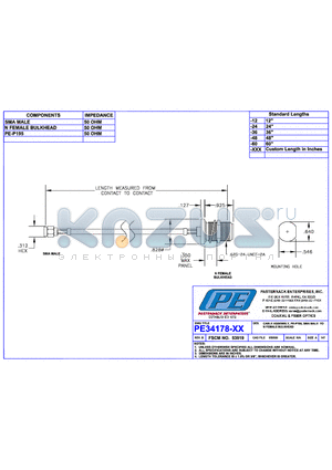 PE34178 datasheet - CABLE ASSEMBLY PE-P195 SMA MALE TO N FEMALE BULKHEAD