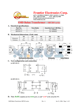 SBT203-11 datasheet - SMD Balun Transformer