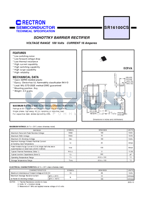 SR16100CS datasheet - SCHOTTKY BARRIER RECTIFIER VOLTAGE RANGE 100 Volts CURRENT 16 Amperes