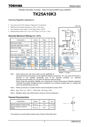 TK25A10K3 datasheet - TOSHIBA Field Effect Transistor Silicon N Channel MOS Type (U-MOSIV)