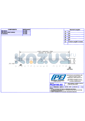 PE34195 datasheet - CABLE ASSEMBLY PE-SR402A SMA MALE TO SMA MALE RIGHT ANGLE