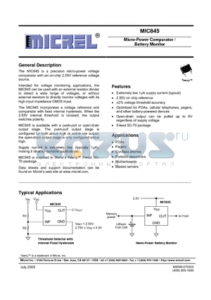 MIC845HBC5 datasheet - Micro-Power Comparator Battery Monitor