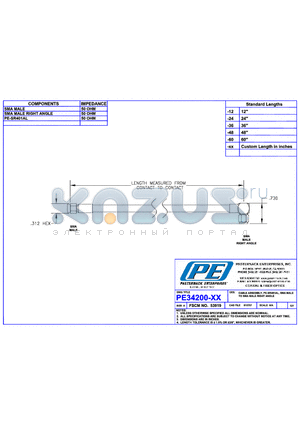 PE34200LF datasheet - CABLE ASSEMBLY PE-SR401AL SMA MALE TO SMA MALE RIGHT ANGLE