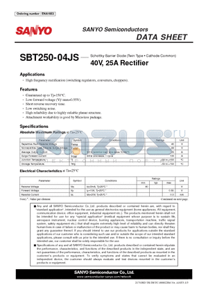 SBT250-04JS datasheet - Schottky Barrier Diode (Twin Type - Cathode Common) 40V, 25A Rectifier