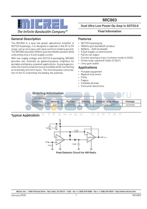 MIC863BM8 datasheet - Dual Ultra Low Power Op Amp in SOT23-8