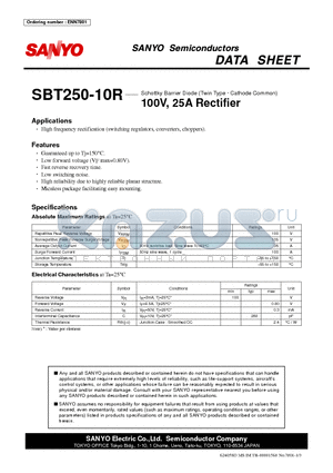 SBT250-10R datasheet - Schottky Barrier Diode (Twin Type g Cathode Common) 100V, 25A Rectifier