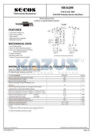 SR16200 datasheet - 16.0AMP Schottky Barrier Rectifiers