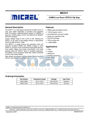 MIC911_07 datasheet - 105MHz Low-Power SOT23-5 Op Amp