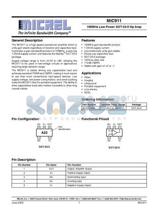 MIC911BM5 datasheet - 105MHz Low-Power SOT-23-5 Op Amp