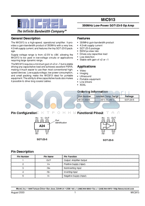MIC913 datasheet - 350MHz Low-Power SOT-23-5 Op Amp