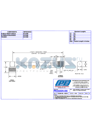 PE34225 datasheet - CABLE ASSEMBLY PE-B405 N MALE RIGHT ANGLE TO N FEMALE BULKHEAD