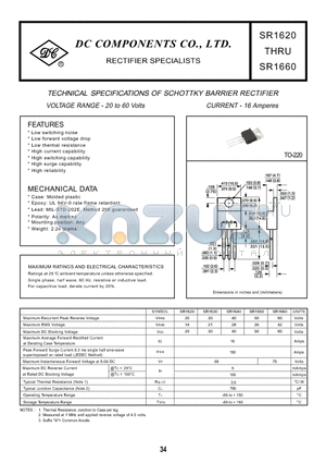 SR1630 datasheet - TECHNICAL SPECIFICATIONS OF SCHOTTKY BARRIER RECTIFIER