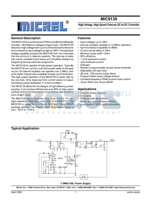 MIC9130YQS datasheet - High-Voltage, High-Speed Telecom DC-to-DC Controller