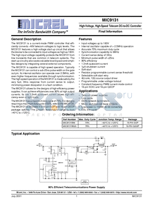 MIC9131BQS datasheet - High-Voltage, High-Speed Telecom DC-to-DC Controller
