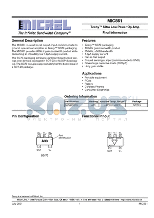 MIC861BC5 datasheet - Teeny Ultra Low Power Op Amp Final Information