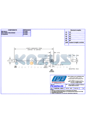 PE34254LF datasheet - CABLE ASSEMBLY PE-SR405AL SMA MALE TO SMA FEMALE BULKHEAD