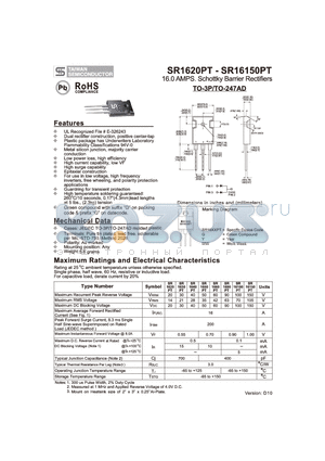 SR1630PT datasheet - 16.0 AMPS. Schottky Barrier Rectifiers