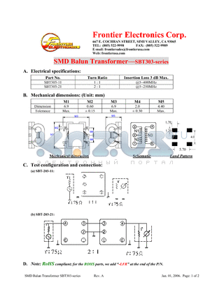 SBT303-21-LFR datasheet - SMD Balun Transformer