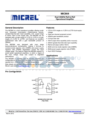 MIC864 datasheet - Dual 350kHz Rail-to-Rail Operational Amplifier