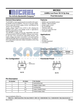 MIC922 datasheet - 230MHz Low-Power SC-70 Op Amp