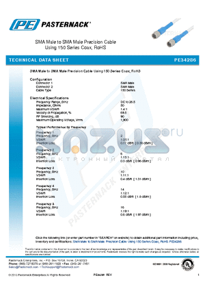 PE34286 datasheet - SMA Male to SMA Male Precision Cable Using 150 Series Coax RoHS