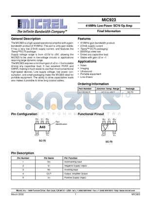 MIC923BC5 datasheet - 410MHz Low-Power SC70 Op Amp
