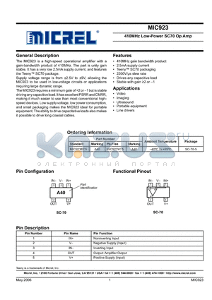 MIC923_06 datasheet - 410MHz Low-Power SC70 Op Amp