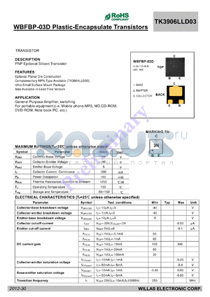 TK3906LLD03 datasheet - WBFBP-03D Plastic-Encapsulate Transistors