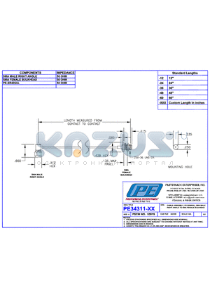 PE34311LF datasheet - CABLE ASSEMBLY PE-SR405AL SMA MALE RIGHT ANGLE TO SMA FEMALE BULKHEAD