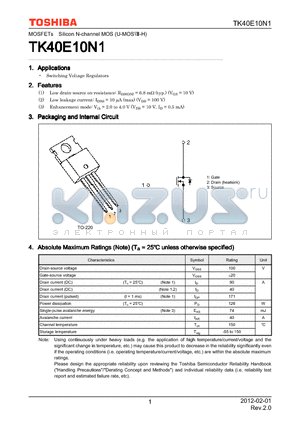TK40E10N1 datasheet - Switching Voltage Regulators