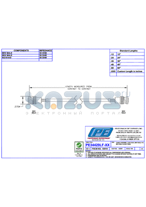 PE34429LF datasheet - CABLE ASSEMBLY RG141A/U MHV MALE TO MHV MALE(LEAD FREE)