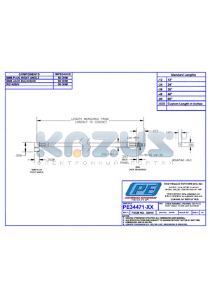 PE34471 datasheet - CABLE ASSEMBLY RG142B/U SMB PLUG RIGHT ANGLE TO SMB JACK BULKHEAD