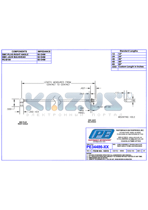 PE34486LF datasheet - CABLE ASSEMBLY PE-B100 SMC PLUG RIGJT ANGLE TO SMC JACK BULKHEAD