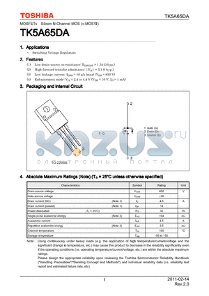 TK5A65DA datasheet - Switching Voltage Regulators